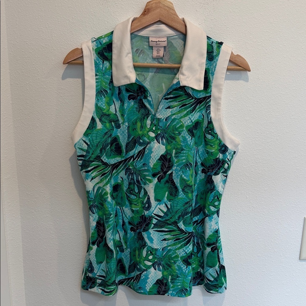 Tommy Bahama Green, Teal & White Tropical Leaf Sleeveless Polo
